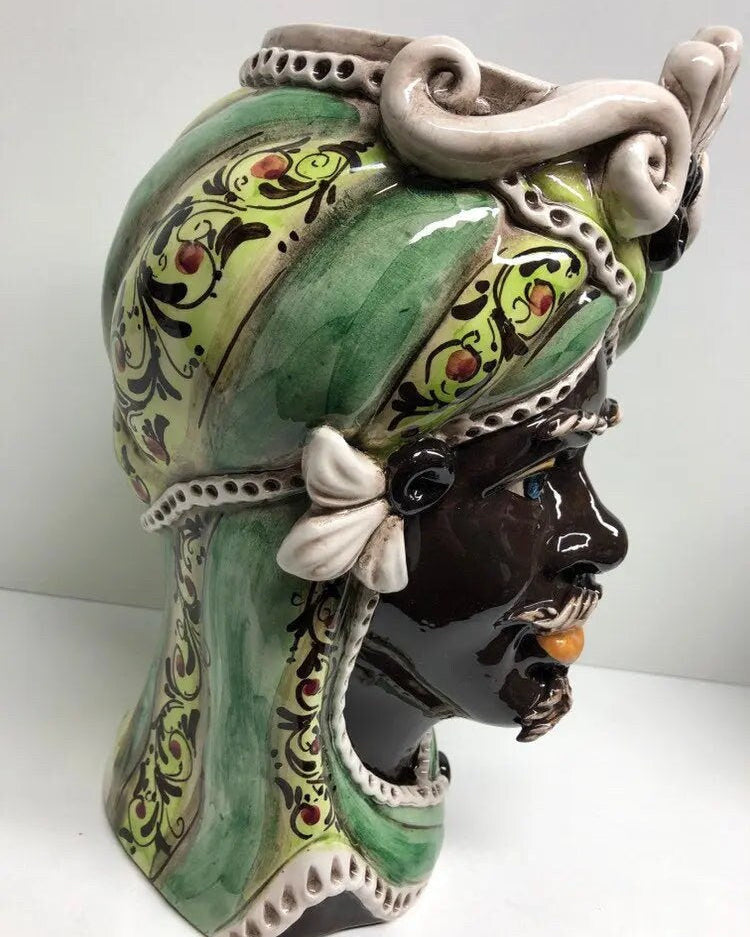 Teste di Moro Moresca Ceramica Caltagirone cm H.28 L.19 Artigianale Decorazione 2020 Verde DD CERAMICHE SICILIANE
