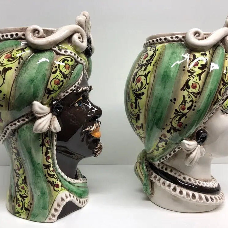 Teste di Moro Moresca Ceramica Caltagirone cm H.28 L.19 Artigianale Decorazione 2020 Verde DD CERAMICHE SICILIANE