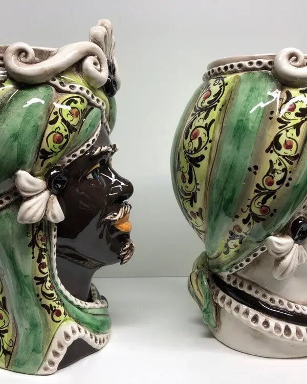 Teste di Moro Moresca Ceramica Caltagirone cm H.28 L.19 Artigianale Decorazione 2020 Verde DD CERAMICHE SICILIANE