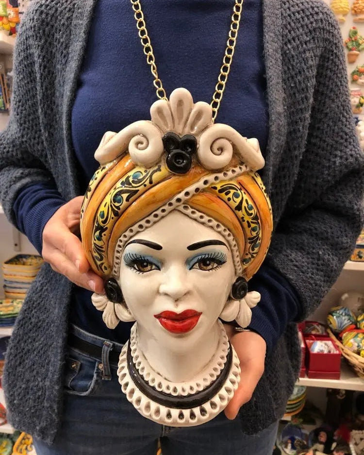 Teste di Moro Moresca Ceramica Caltagirone cm H.28 L.19 Artigianale Decorazione 2020 Arancio DD CERAMICHE SICILIANE