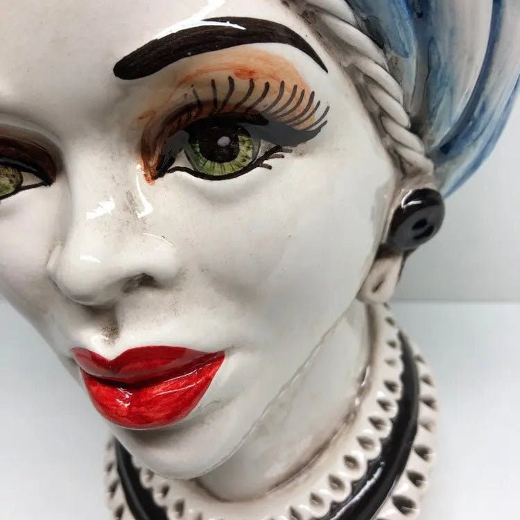 Teste di Moro Moresca Ceramica Caltagirone cm H.28 L.19 Artigianale Turbante Azzurro DD CERAMICHE SICILIANE