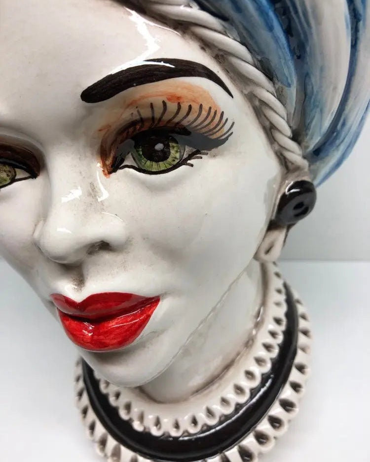 Teste di Moro Moresca Ceramica Caltagirone cm H.28 L.19 Artigianale Turbante Azzurro DD CERAMICHE SICILIANE