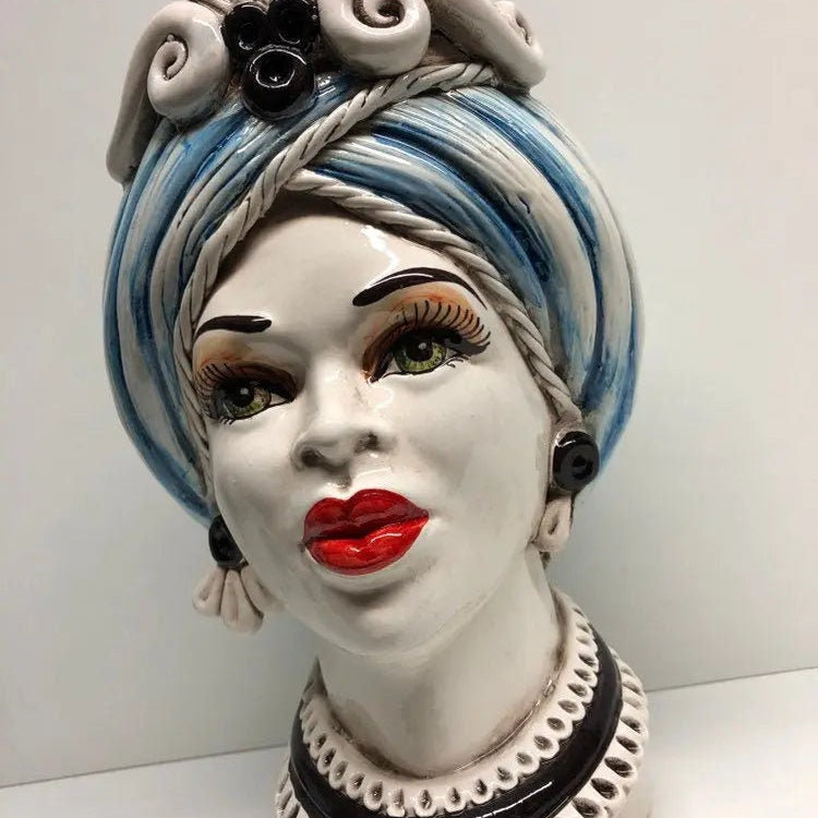 Teste di Moro Moresca Ceramica Caltagirone cm H.28 L.19 Artigianale Turbante Azzurro DD CERAMICHE SICILIANE