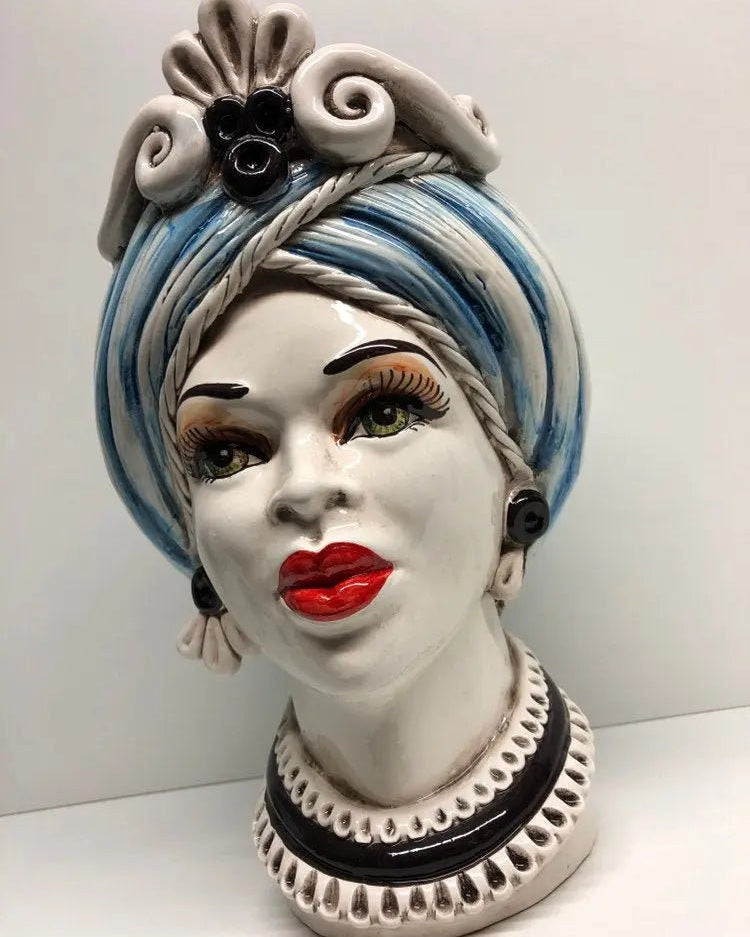 Teste di Moro Moresca Ceramica Caltagirone cm H.28 L.19 Artigianale Turbante Azzurro DD CERAMICHE SICILIANE