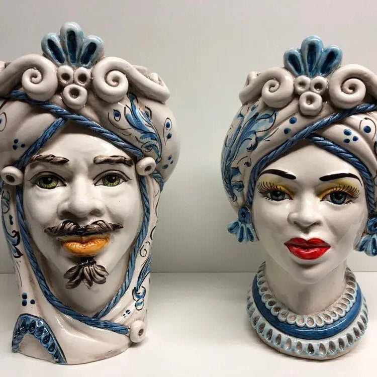 Teste di Moro Moresca Ceramica Caltagirone cm H.28 L.19 Artigianale Barocco Azzurro DD CERAMICHE SICILIANE