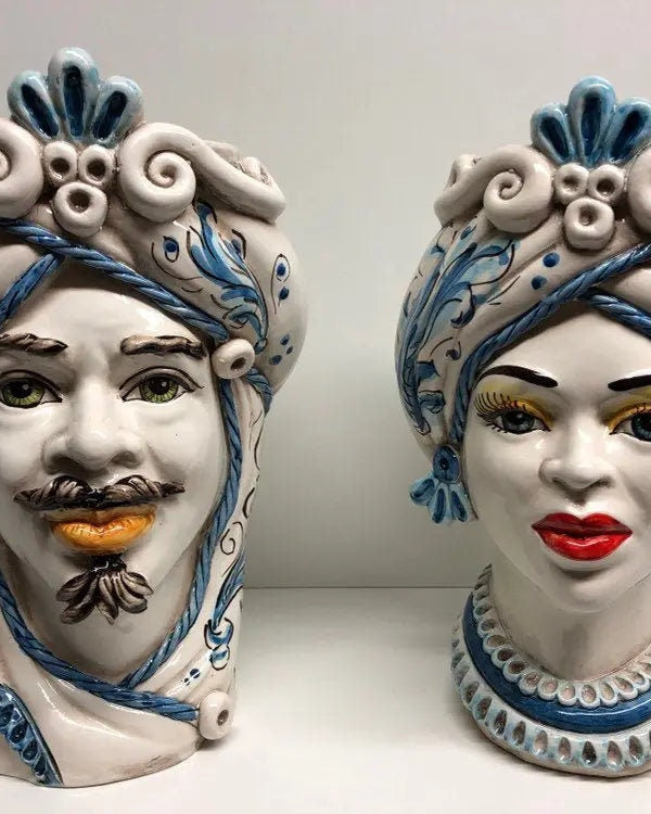 Teste di Moro Moresca Ceramica Caltagirone cm H.28 L.19 Artigianale Barocco Azzurro DD CERAMICHE SICILIANE