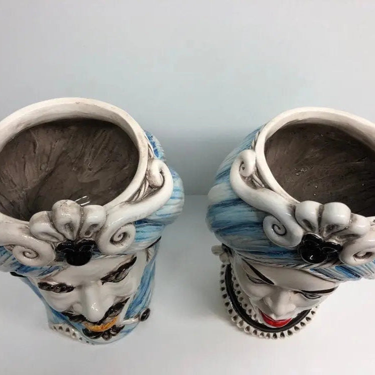 Teste di Moro Moresca Ceramica Caltagirone cm H.28 L.19 Artigianale Turbante Azzurro DD CERAMICHE SICILIANE