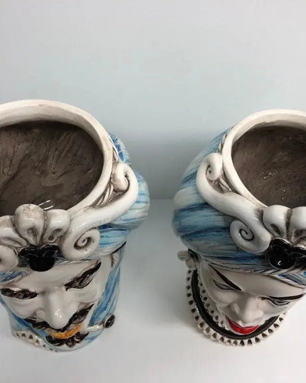 Teste di Moro Moresca Ceramica Caltagirone cm H.28 L.19 Artigianale Turbante Azzurro DD CERAMICHE SICILIANE