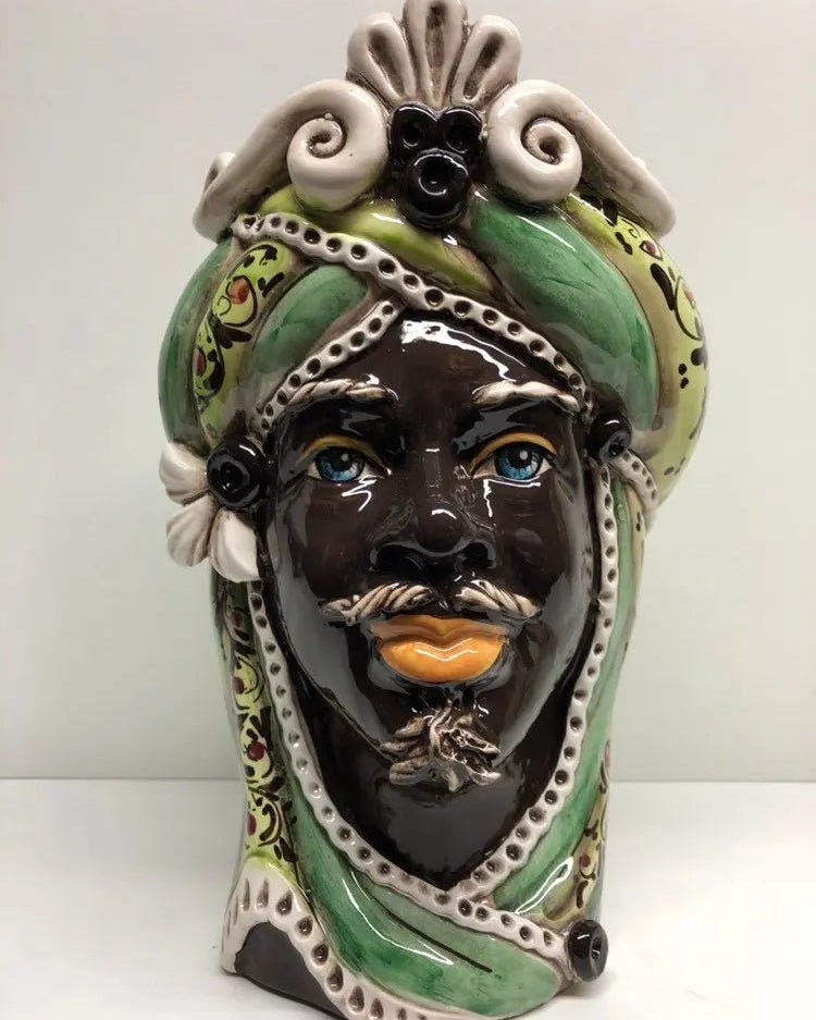 Teste di Moro Moresca Ceramica Caltagirone cm H.28 L.19 Artigianale Decorazione 2020 Verde DD CERAMICHE SICILIANE