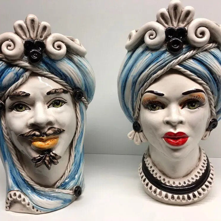 Teste di Moro Moresca Ceramica Caltagirone cm H.28 L.19 Artigianale Turbante Azzurro DD CERAMICHE SICILIANE