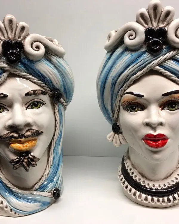 Teste di Moro Moresca Ceramica Caltagirone cm H.28 L.19 Artigianale Turbante Azzurro DD CERAMICHE SICILIANE