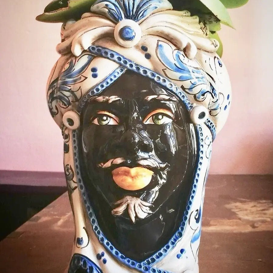 Teste di Moro Moresca Ceramica Caltagirone cm H.28 L.19 Artigianale Barocco Azzurro DD CERAMICHE SICILIANE