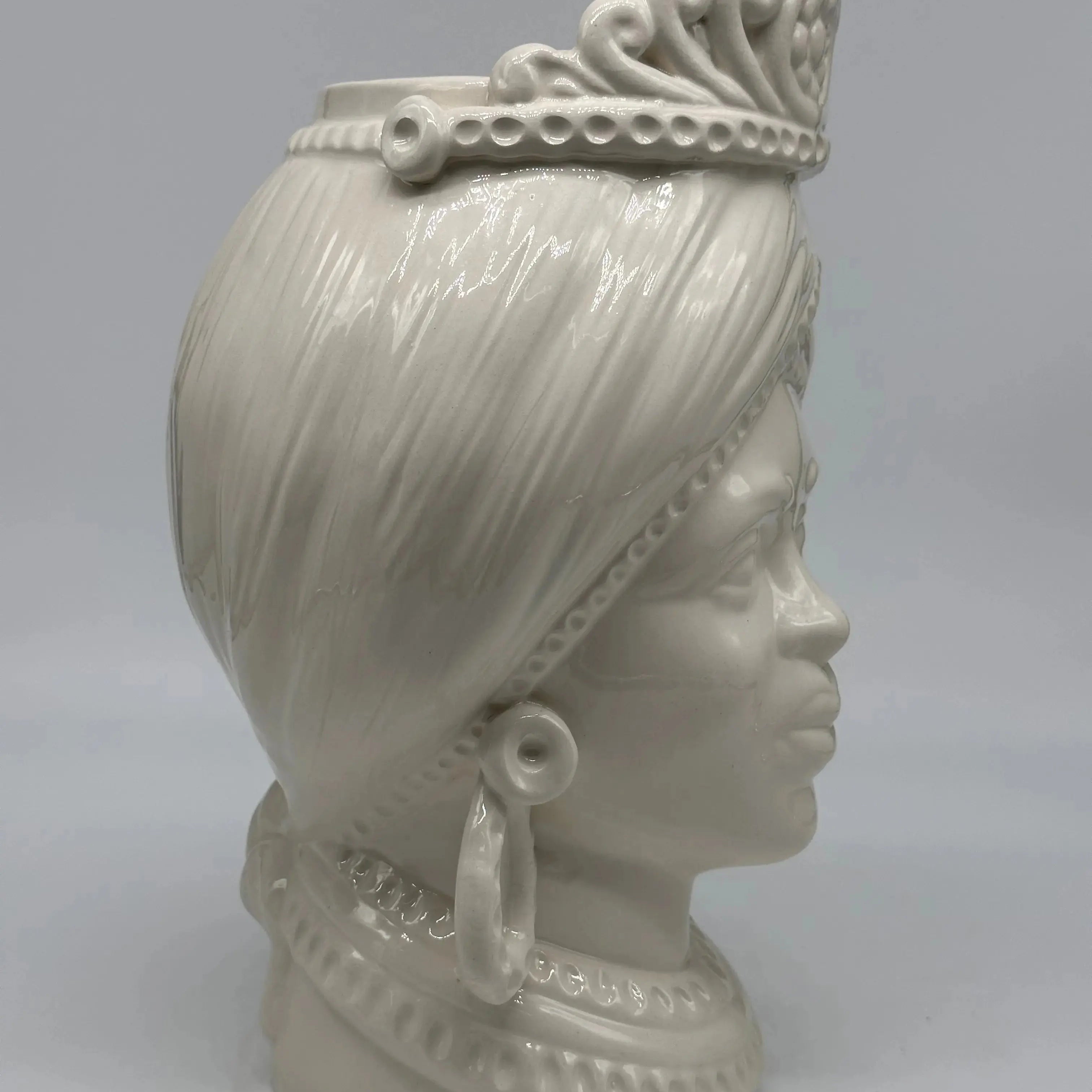 Teste di Moro Moresca Ceramica Caltagirone cm H.28 L.19 Artigianale Monocolore Bianco - TESTA DI MORO