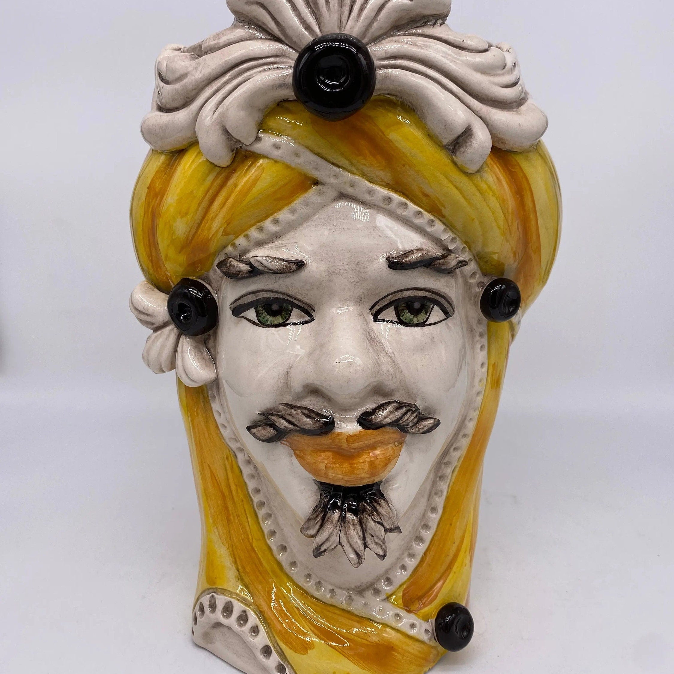 Teste di Moro Moresca Ceramica Caltagirone cm H.28 L.19 Artigianale Turbante Ocra DD CERAMICHE SICILIANE