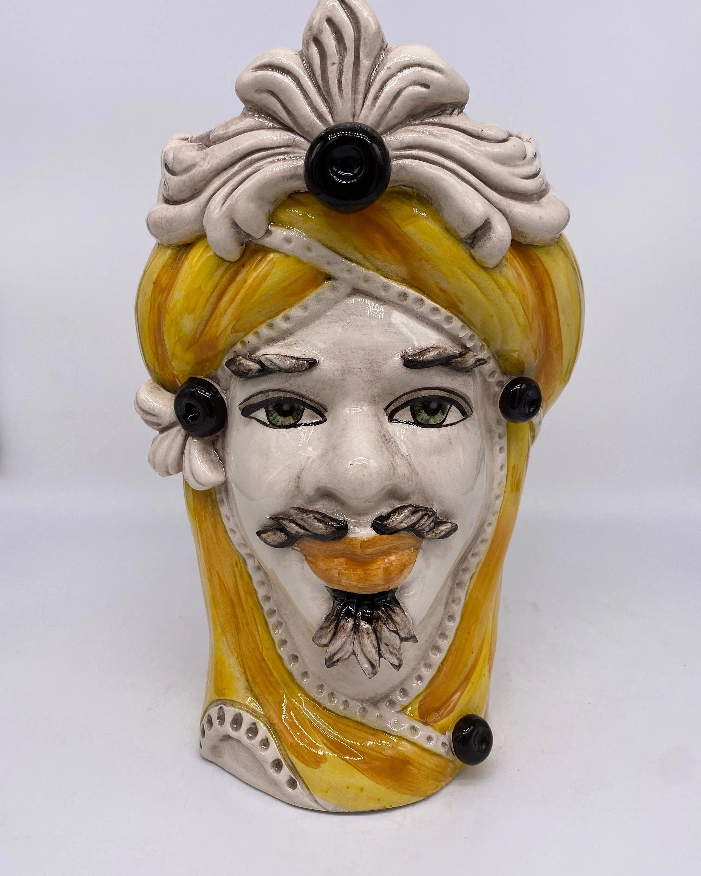 Teste di Moro Moresca Ceramica Caltagirone cm H.28 L.19 Artigianale Turbante Ocra DD CERAMICHE SICILIANE