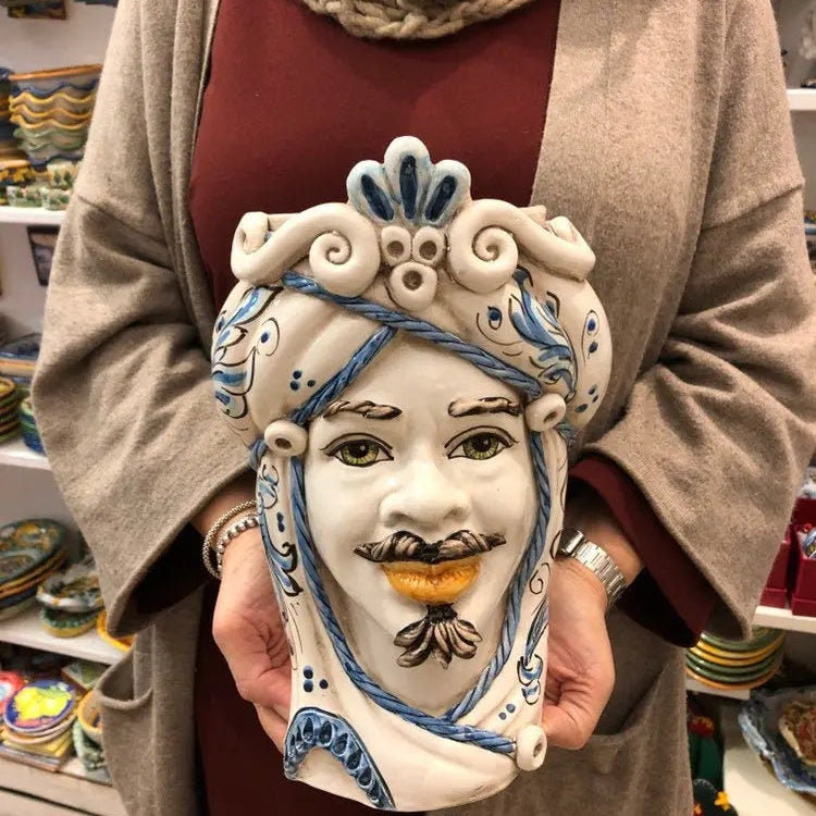 Teste di Moro Moresca Ceramica Caltagirone cm H.28 L.19 Artigianale Barocco Azzurro DD CERAMICHE SICILIANE