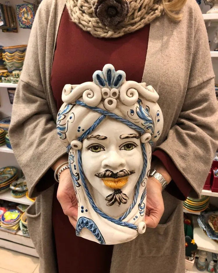 Teste di Moro Moresca Ceramica Caltagirone cm H.28 L.19 Artigianale Barocco Azzurro DD CERAMICHE SICILIANE