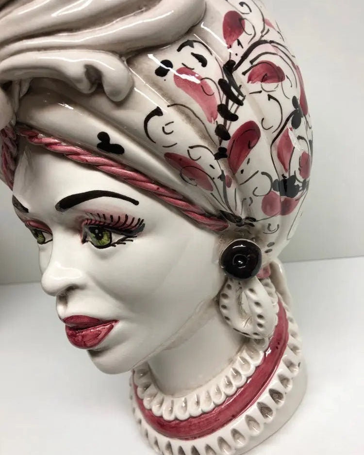 Teste di Moro Moresca Ceramica Caltagirone cm H.28 L.19 Artigianale Barocco Rosa DD CERAMICHE SICILIANE