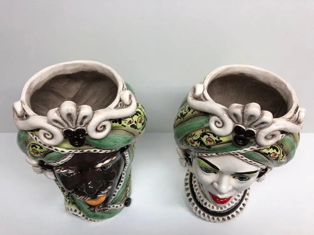 Teste di Moro Moresca Ceramica Caltagirone cm H.28 L.19 Artigianale Decorazione 2020 Verde DD CERAMICHE SICILIANE