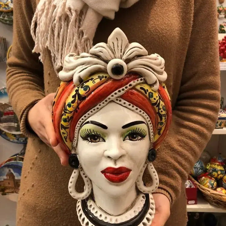 Teste di Moro Moresca Ceramica Caltagirone cm H.28 L.19 Artigianale Barocco Rosso - TESTA DI MORO