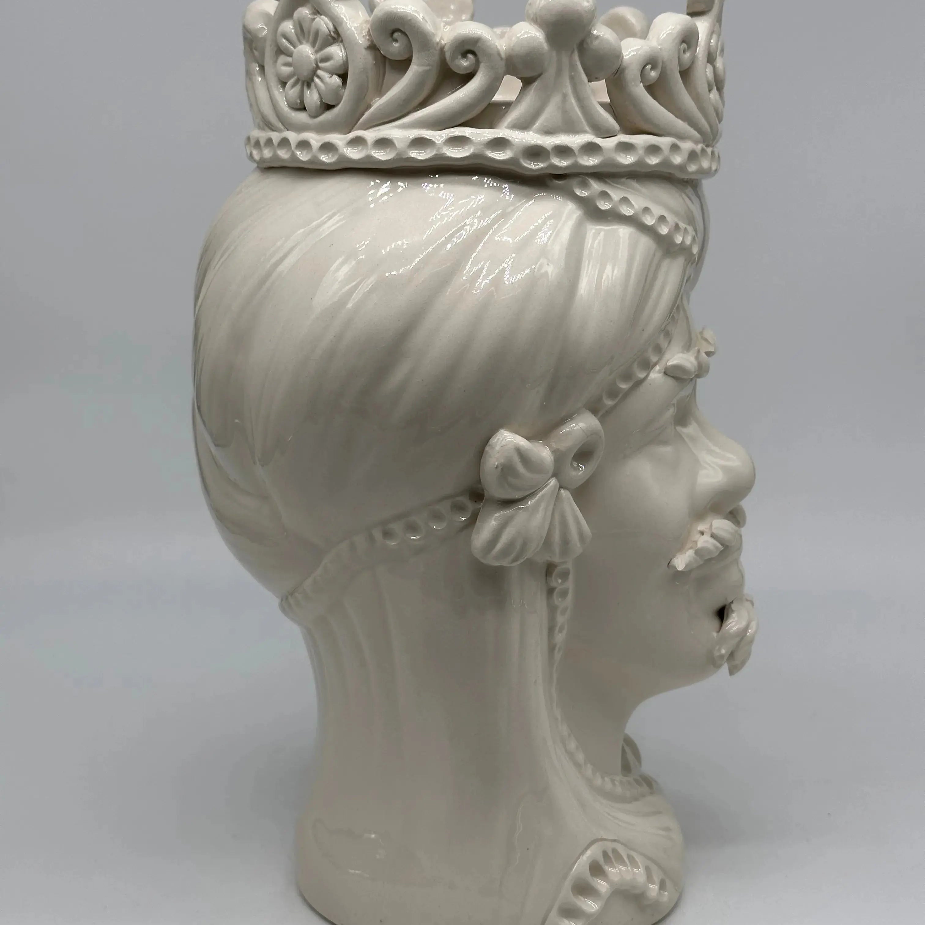 Teste di Moro Moresca Ceramica Caltagirone cm H.28 L.19 Artigianale Monocolore Bianco - TESTA DI MORO