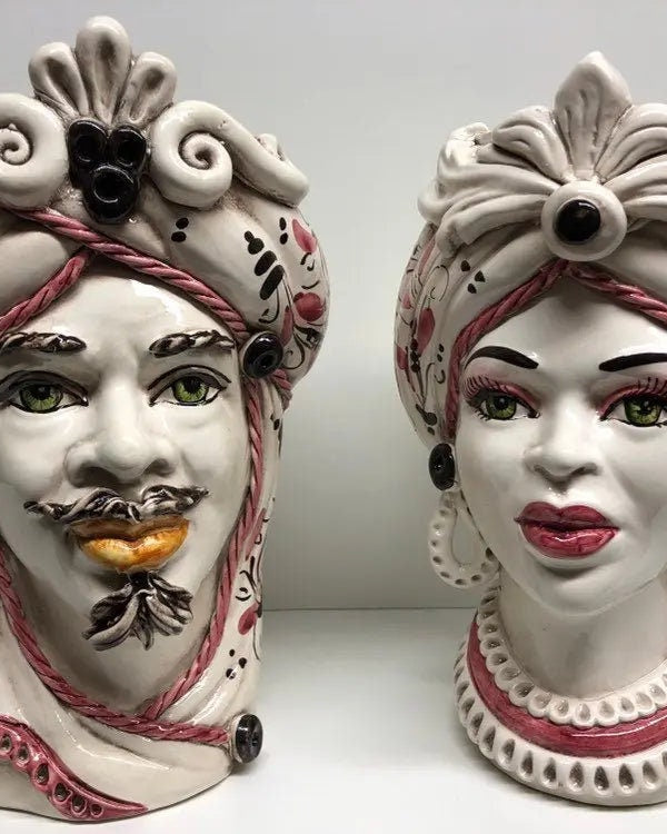 Teste di Moro Moresca Ceramica Caltagirone cm H.28 L.19 Artigianale Barocco Rosa DD CERAMICHE SICILIANE