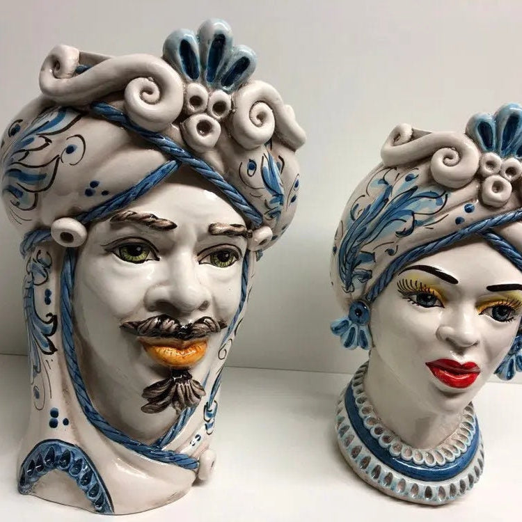 Teste di Moro Moresca Ceramica Caltagirone cm H.28 L.19 Artigianale Barocco Azzurro DD CERAMICHE SICILIANE