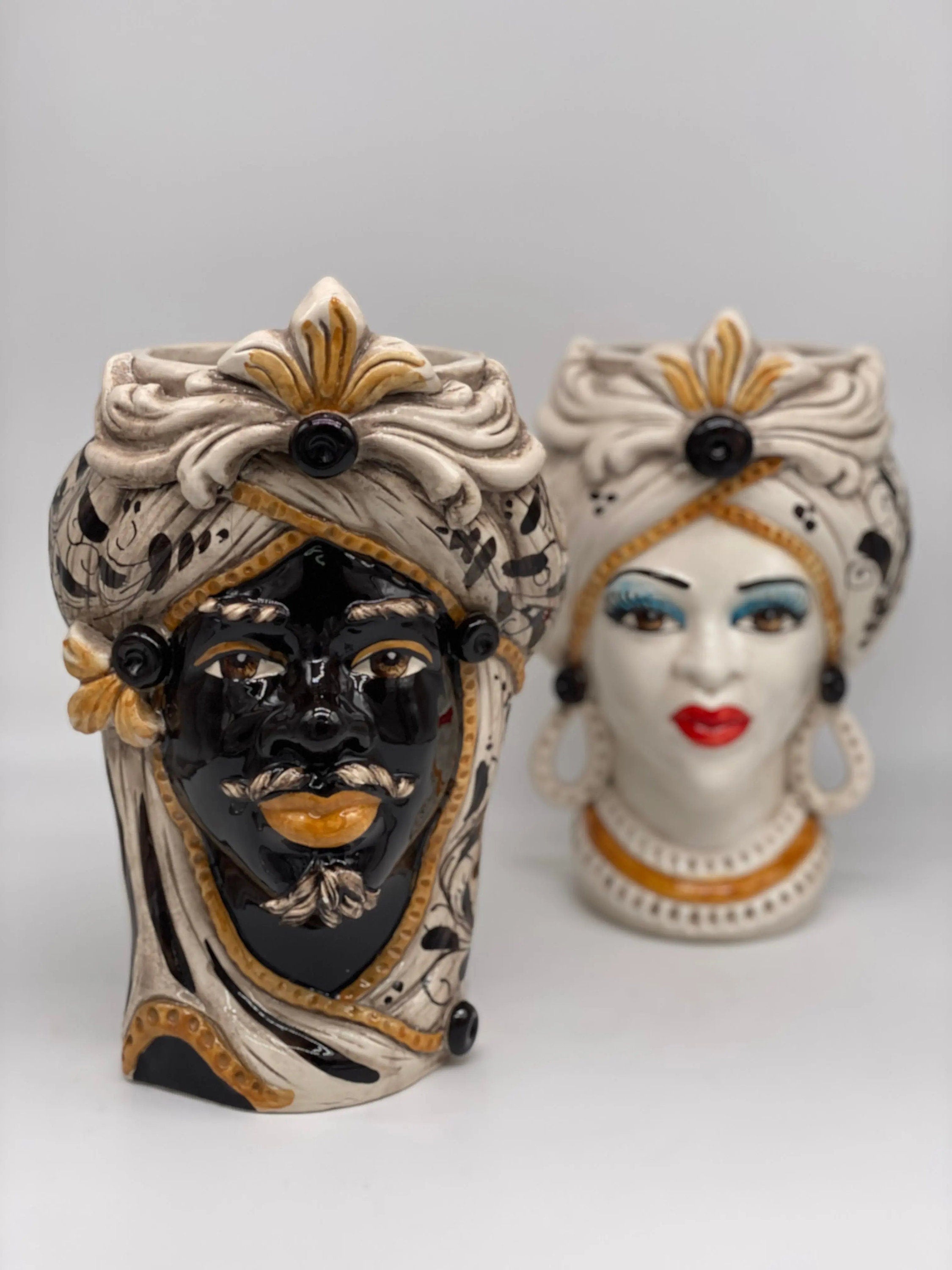 Teste di Moro Moresca Ceramica Caltagirone cm H.28 L.19 Artigianale Barocco Ocra DD CERAMICHE SICILIANE