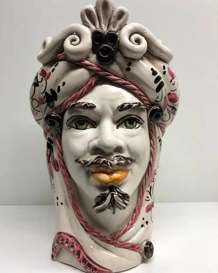 Teste di Moro Moresca Ceramica Caltagirone cm H.28 L.19 Artigianale Barocco Rosa DD CERAMICHE SICILIANE