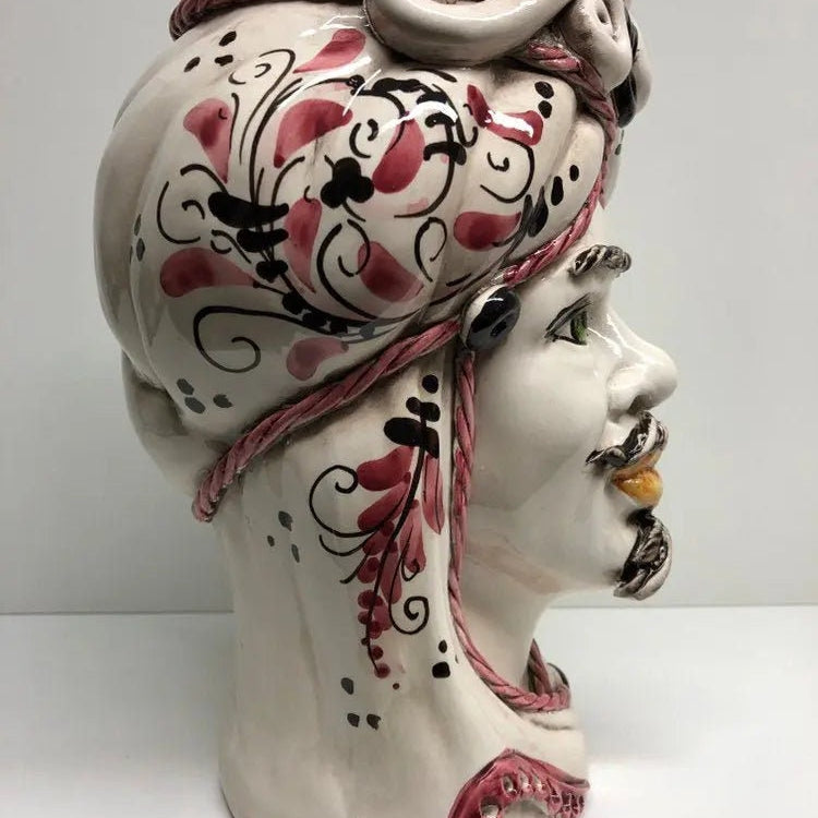 Teste di Moro Moresca Ceramica Caltagirone cm H.28 L.19 Artigianale Barocco Rosa DD CERAMICHE SICILIANE