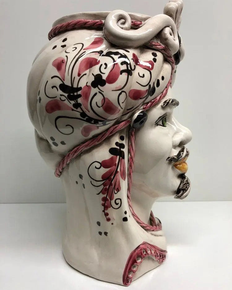 Teste di Moro Moresca Ceramica Caltagirone cm H.28 L.19 Artigianale Barocco Rosa DD CERAMICHE SICILIANE