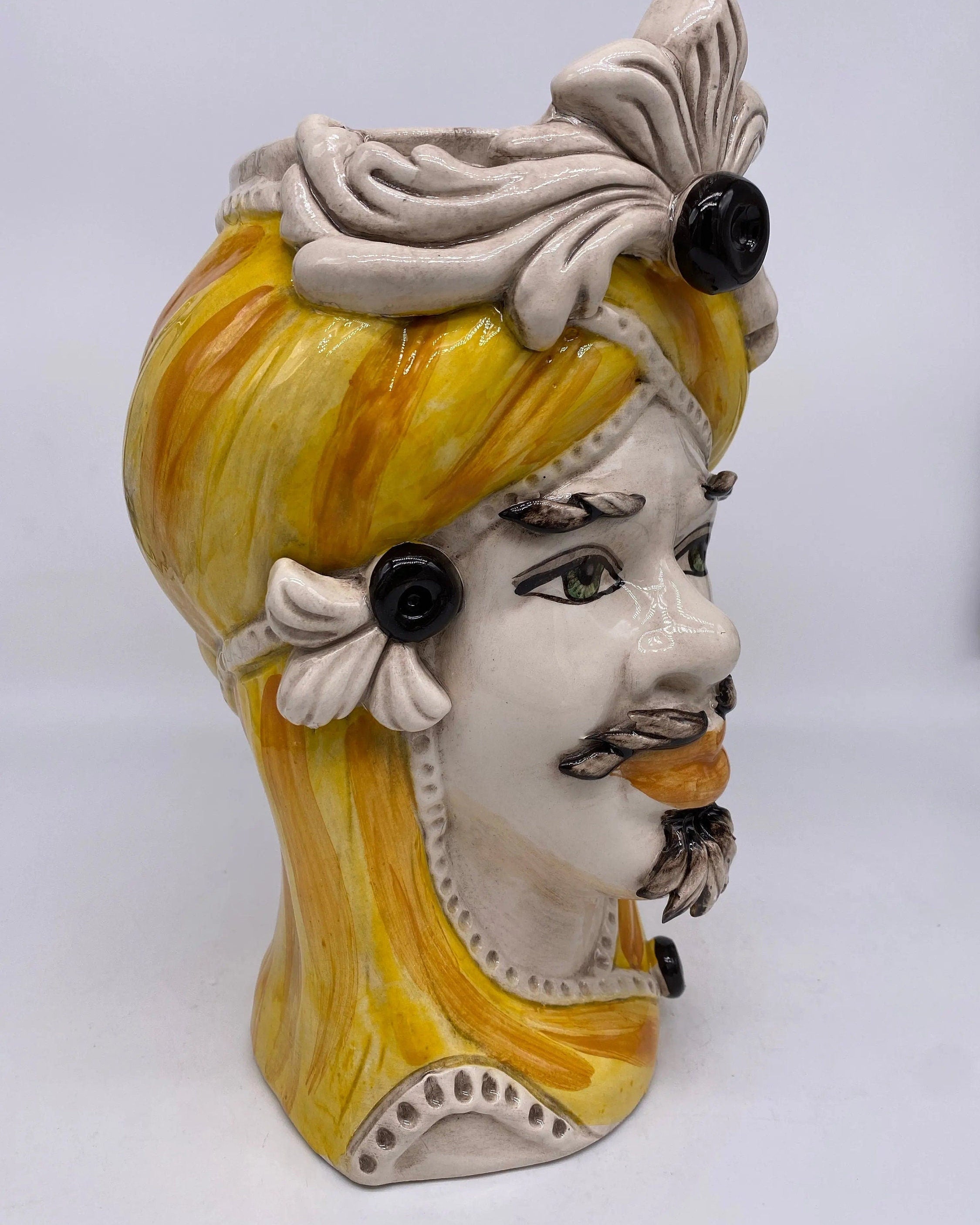 Teste di Moro Moresca Ceramica Caltagirone cm H.28 L.19 Artigianale Turbante Ocra DD CERAMICHE SICILIANE