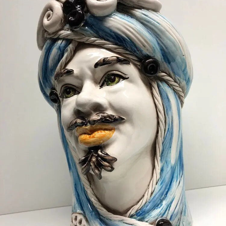Teste di Moro Moresca Ceramica Caltagirone cm H.28 L.19 Artigianale Turbante Azzurro DD CERAMICHE SICILIANE