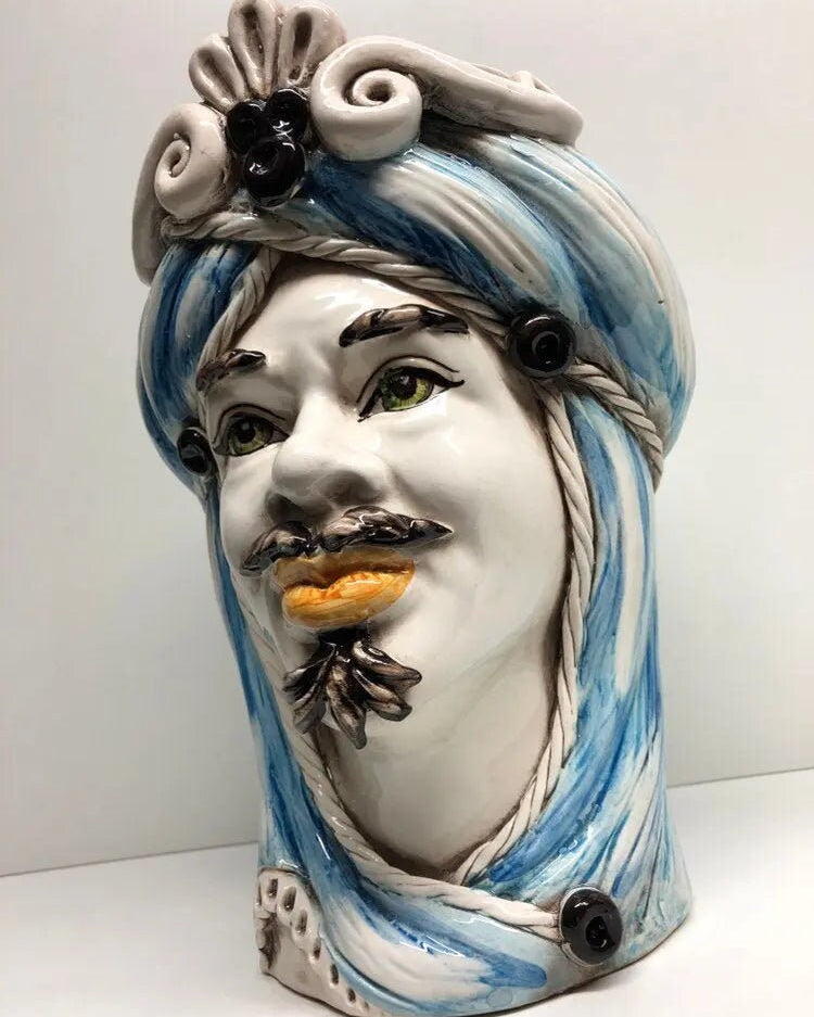 Teste di Moro Moresca Ceramica Caltagirone cm H.28 L.19 Artigianale Turbante Azzurro DD CERAMICHE SICILIANE