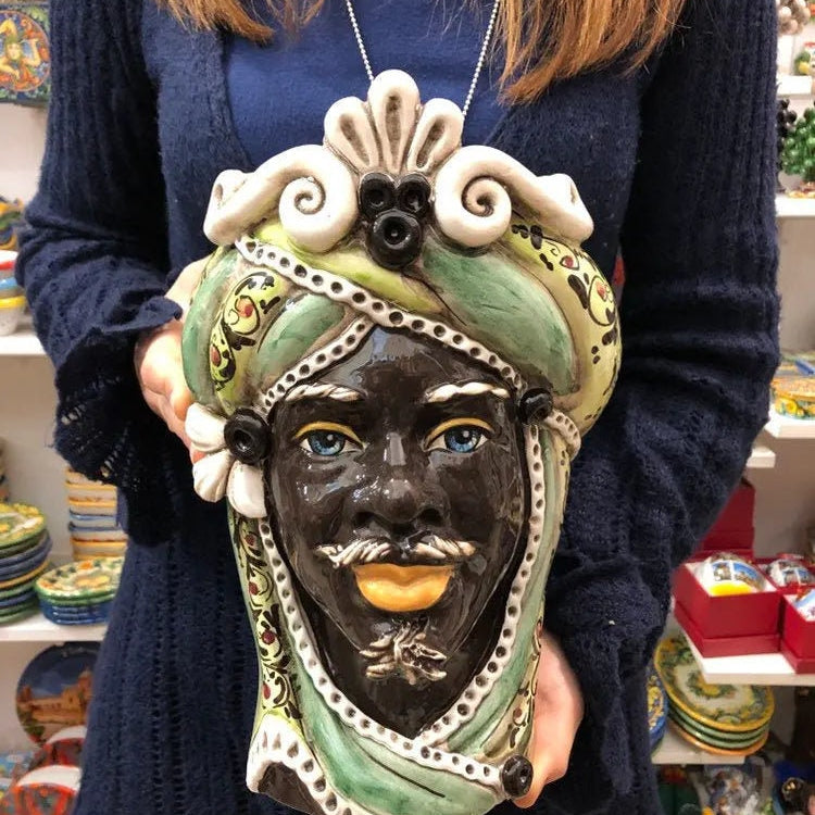 Teste di Moro Moresca Ceramica Caltagirone cm H.28 L.19 Artigianale Decorazione 2020 Verde DD CERAMICHE SICILIANE