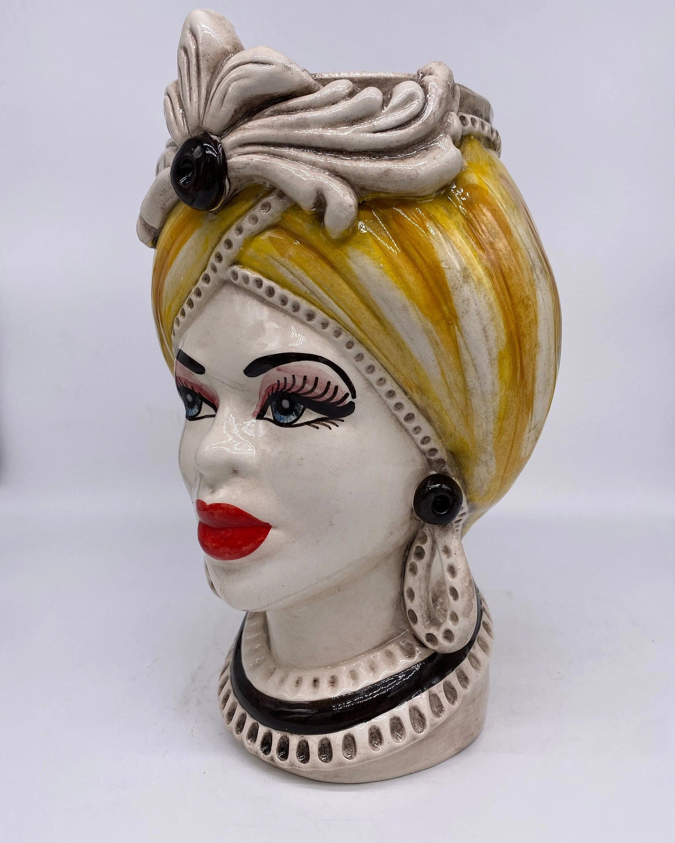 Teste di Moro Moresca Ceramica Caltagirone cm H.28 L.19 Artigianale Turbante Ocra DD CERAMICHE SICILIANE