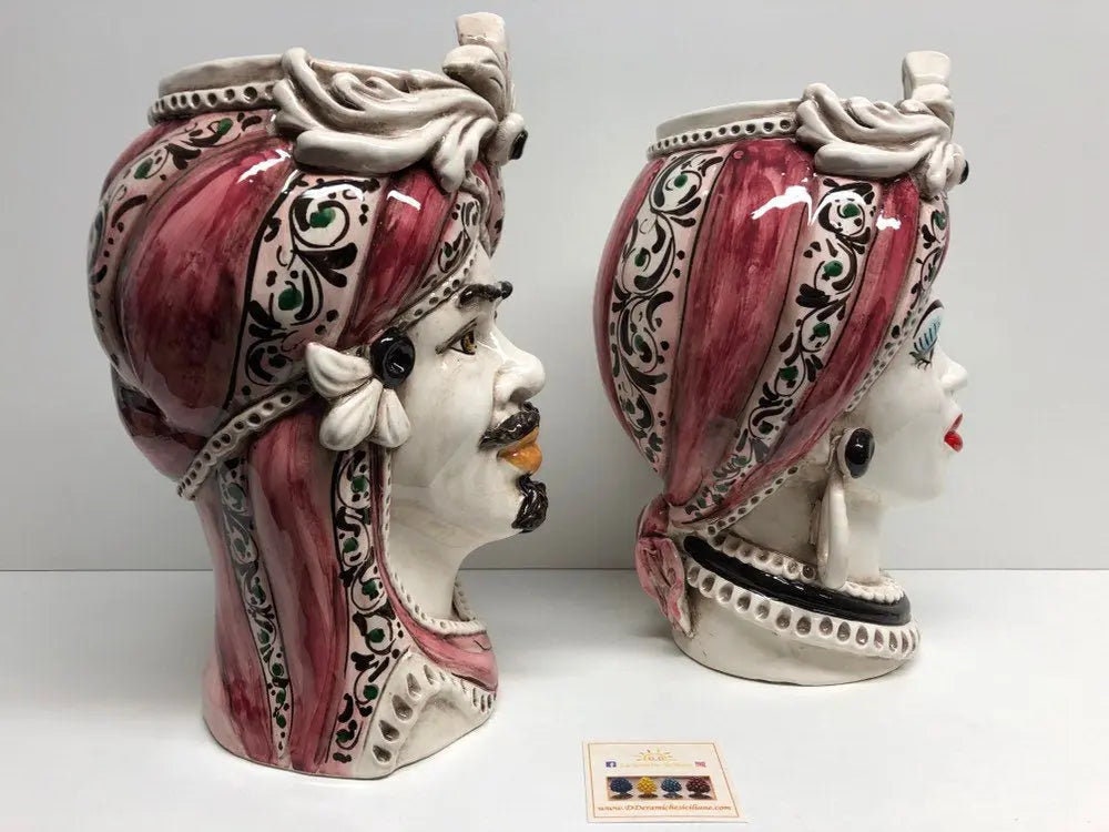 Teste di Moro Moresca Ceramica Caltagirone cm H.28 L.19 Artigianale Decorazione 2020 Rosa DD CERAMICHE SICILIANE