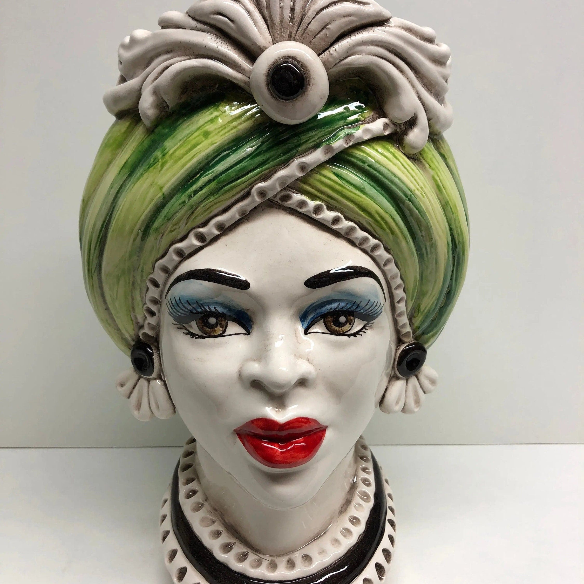 Teste di Moro Moresca Ceramica Caltagirone cm H.28 L.19 Artigianale Turbante Verde DD CERAMICHE SICILIANE