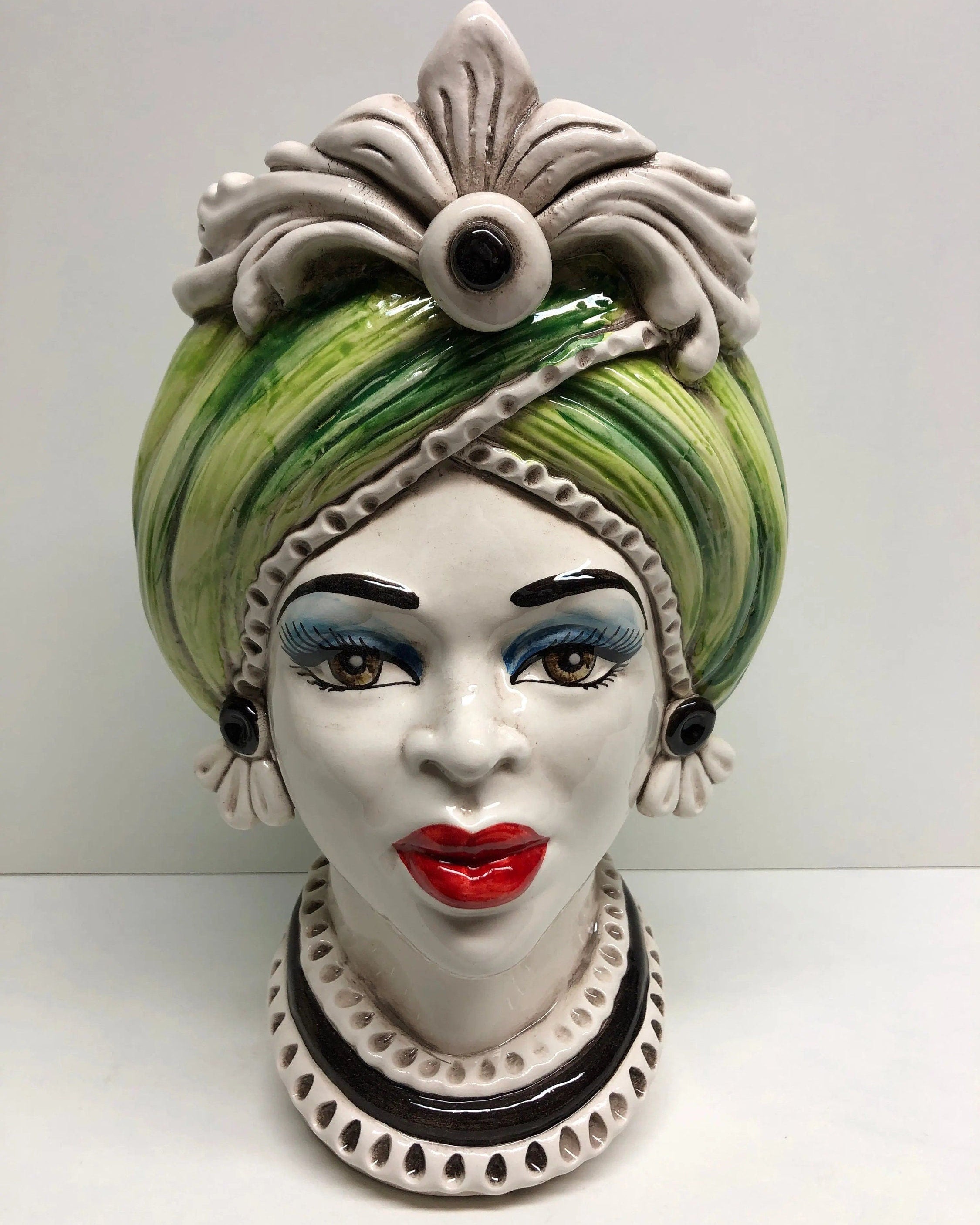 Teste di Moro Moresca Ceramica Caltagirone cm H.28 L.19 Artigianale Turbante Verde DD CERAMICHE SICILIANE