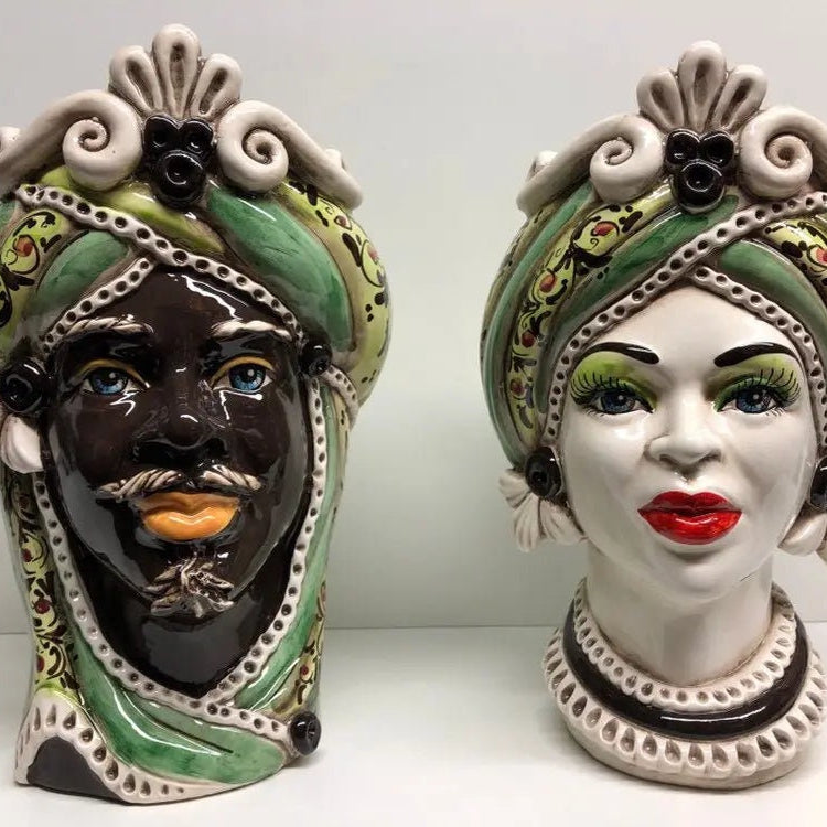 Teste di Moro Moresca Ceramica Caltagirone cm H.28 L.19 Artigianale Decorazione 2020 Verde DD CERAMICHE SICILIANE