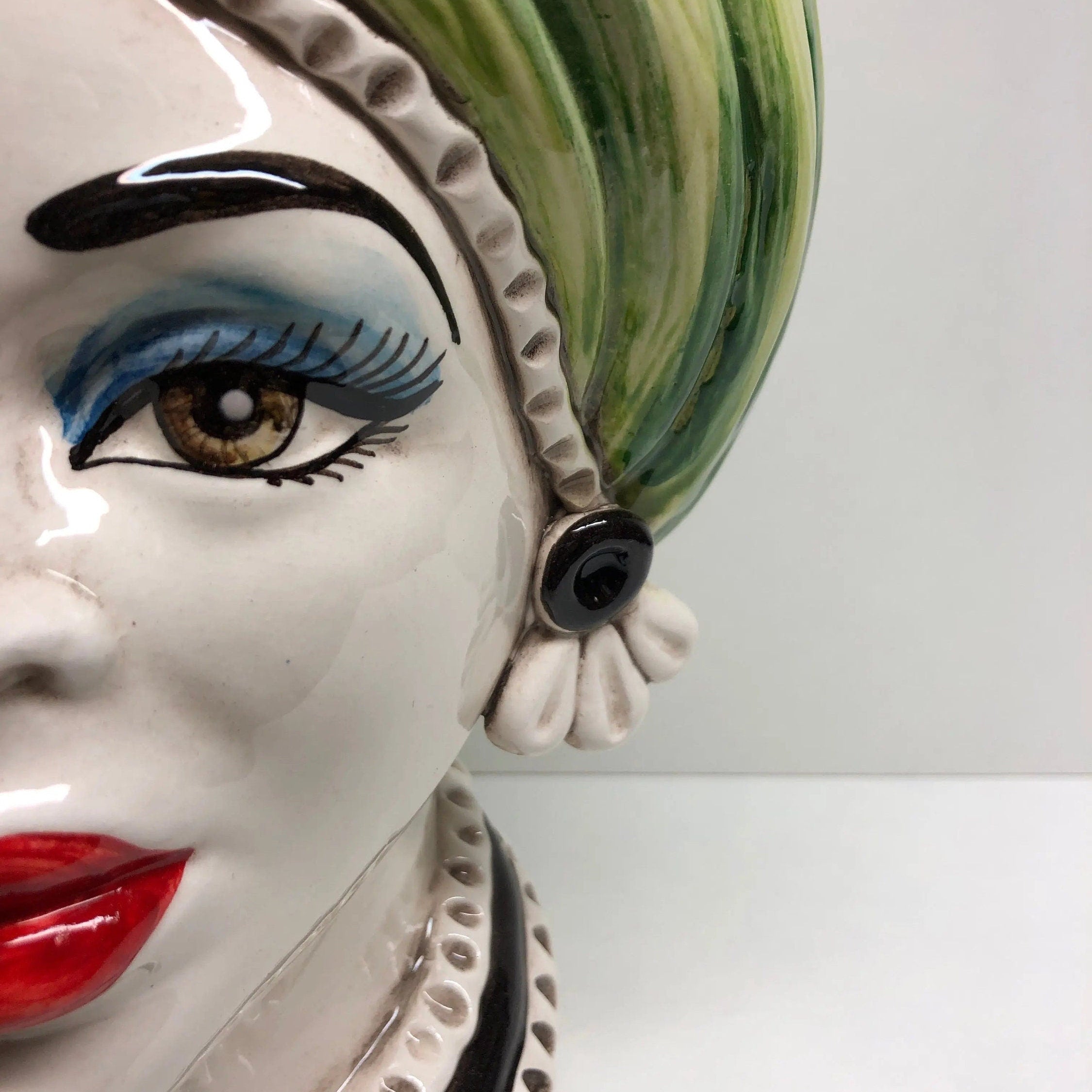 Teste di Moro Moresca Ceramica Caltagirone cm H.28 L.19 Artigianale Turbante Verde DD CERAMICHE SICILIANE