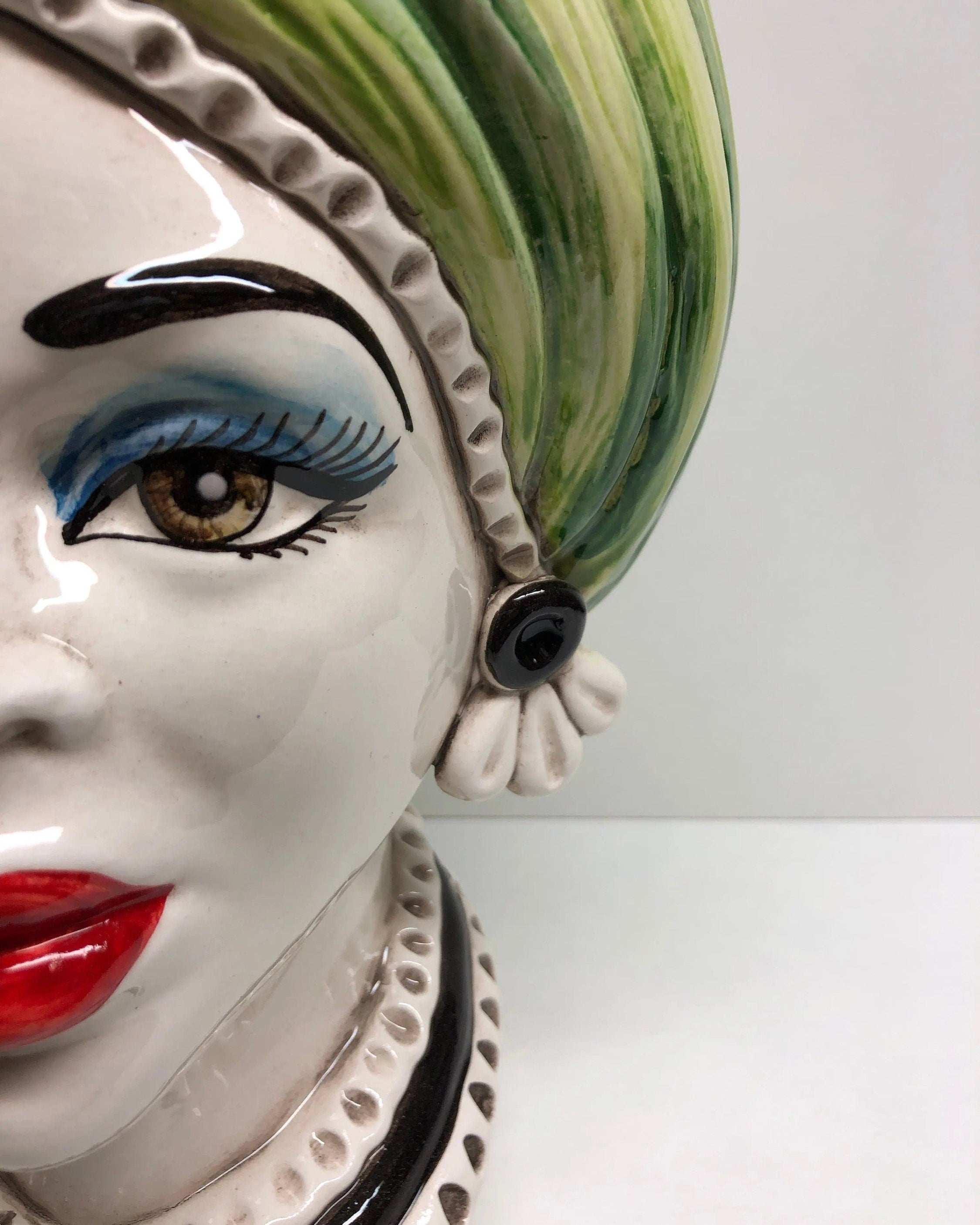 Teste di Moro Moresca Ceramica Caltagirone cm H.28 L.19 Artigianale Turbante Verde DD CERAMICHE SICILIANE