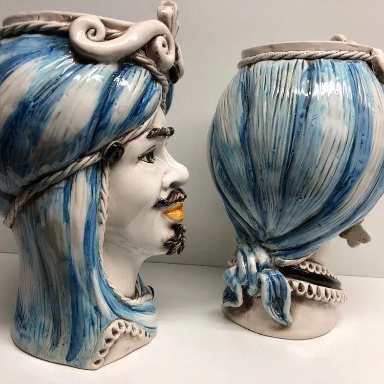 Teste di Moro Moresca Ceramica Caltagirone cm H.28 L.19 Artigianale Turbante Azzurro DD CERAMICHE SICILIANE