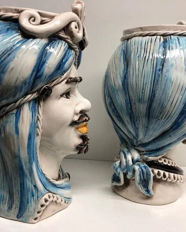 Teste di Moro Moresca Ceramica Caltagirone cm H.28 L.19 Artigianale Turbante Azzurro DD CERAMICHE SICILIANE
