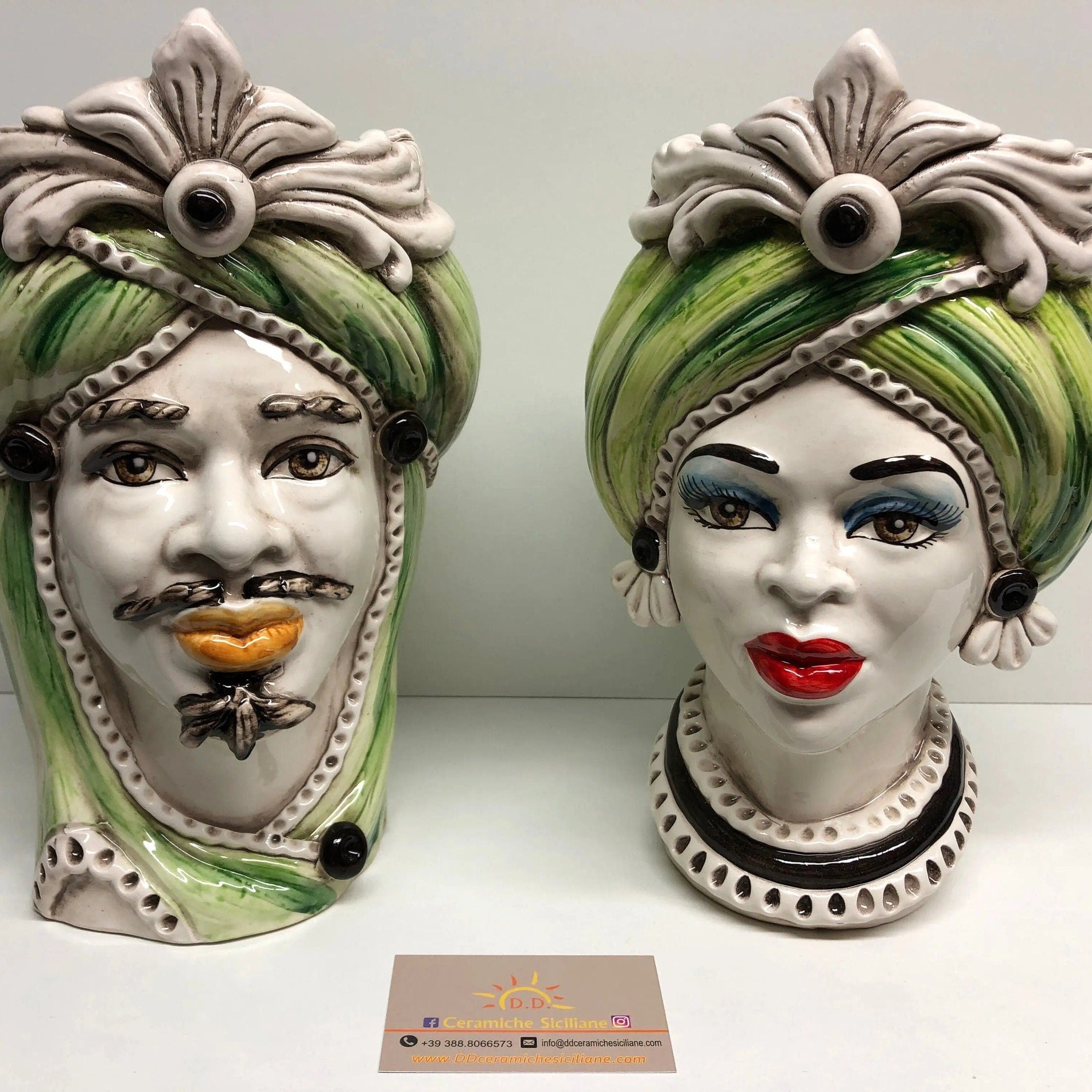 Teste di Moro Moresca Ceramica Caltagirone cm H.28 L.19 Artigianale Turbante Verde DD CERAMICHE SICILIANE