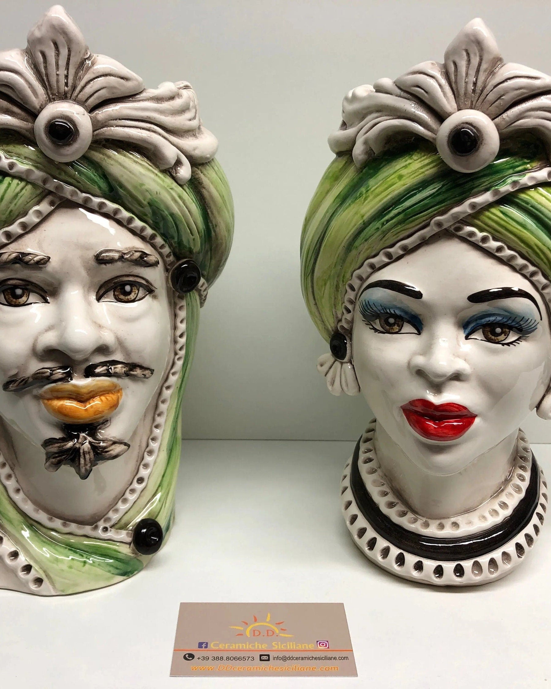 Teste di Moro Moresca Ceramica Caltagirone cm H.28 L.19 Artigianale Turbante Verde DD CERAMICHE SICILIANE