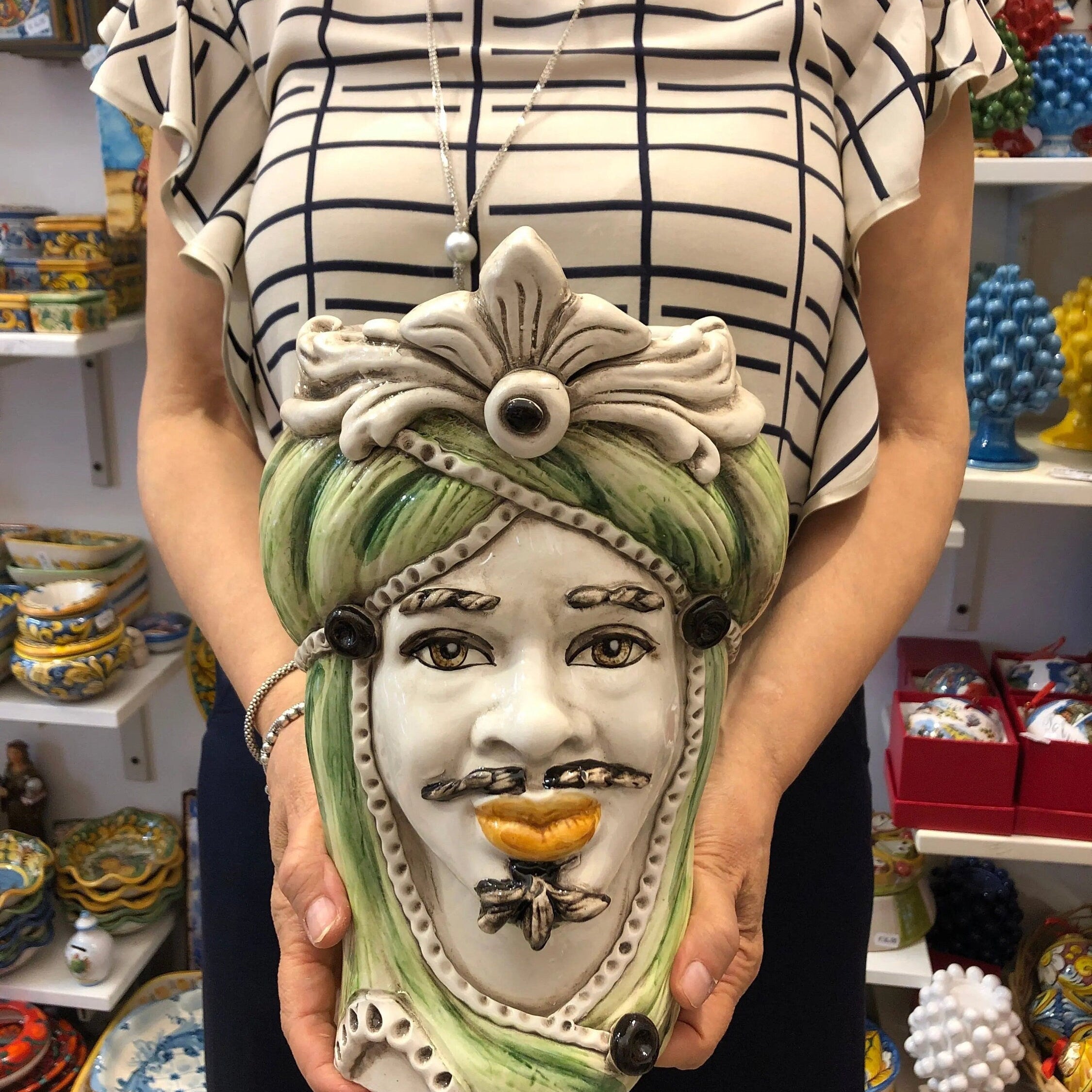 Teste di Moro Moresca Ceramica Caltagirone cm H.28 L.19 Artigianale Turbante Verde DD CERAMICHE SICILIANE