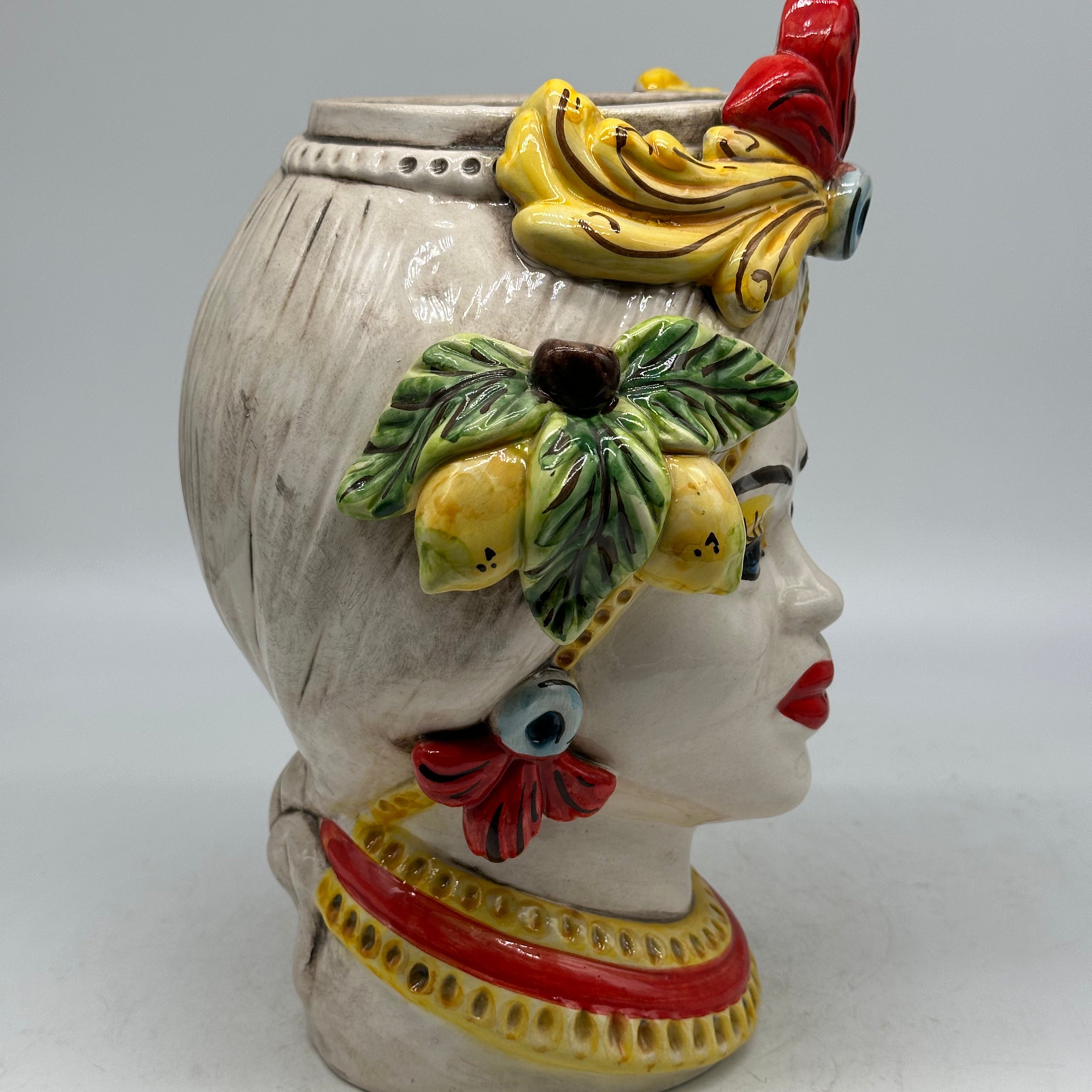 Teste di Moro Moresca Ceramica Caltagirone cm H.28 L.22 Artigianale Turbante Avorio Fiori Limoni
