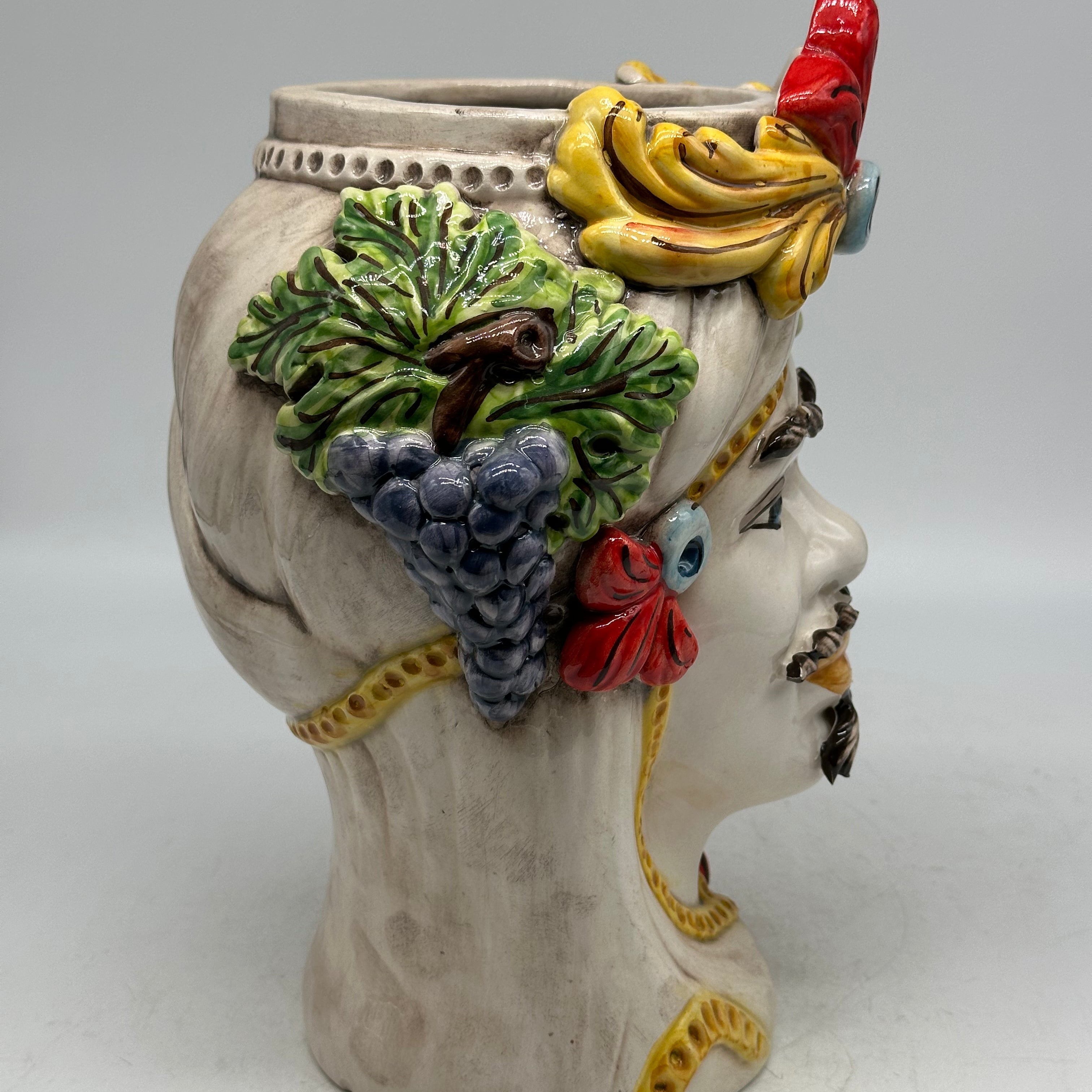 Teste di Moro Moresca Ceramica Caltagirone cm H.28 L.22 Artigianale Turbante Avorio Fiori Limoni