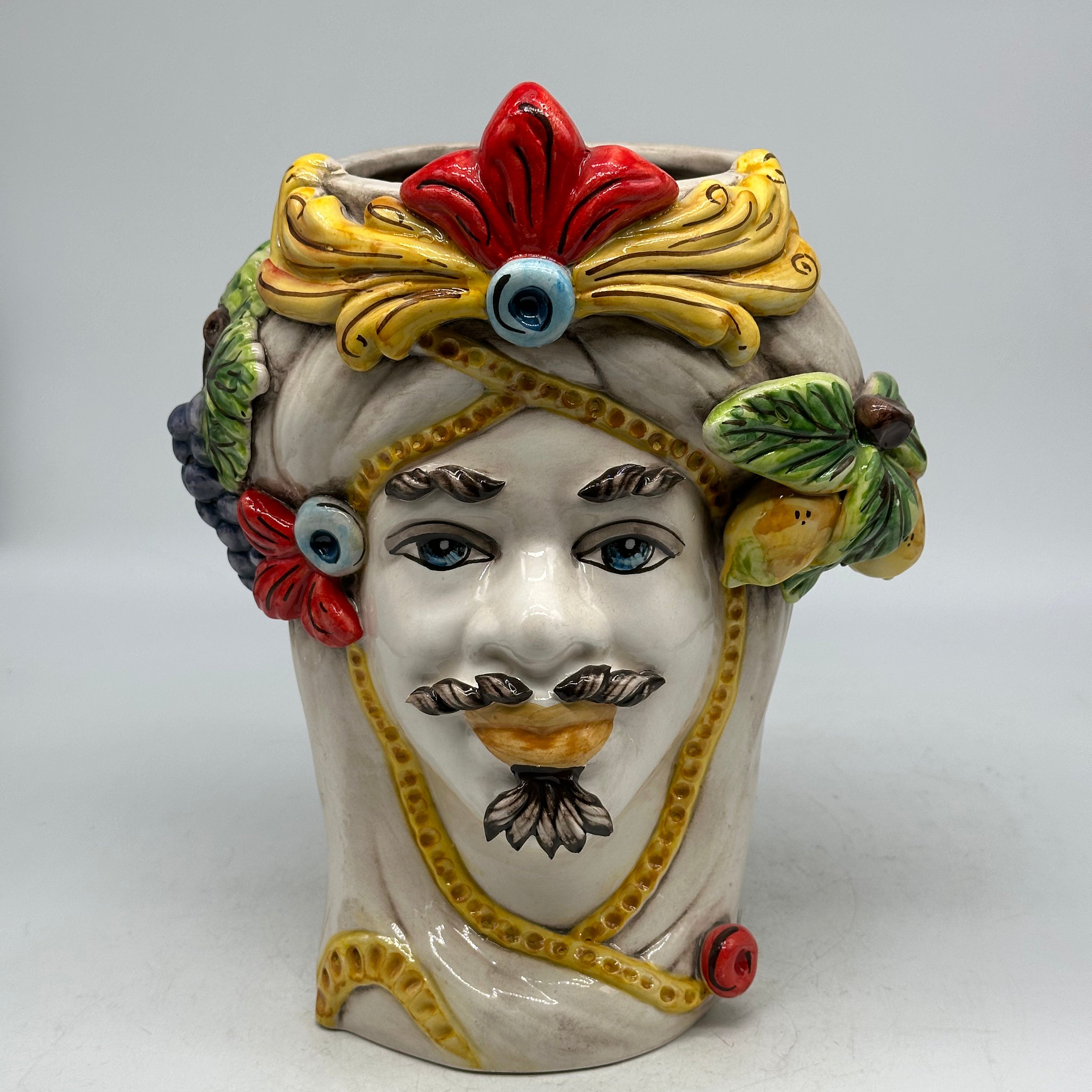 Teste di Moro Moresca Ceramica Caltagirone cm H.28 L.22 Artigianale Turbante Avorio Fiori Limoni - Uomo